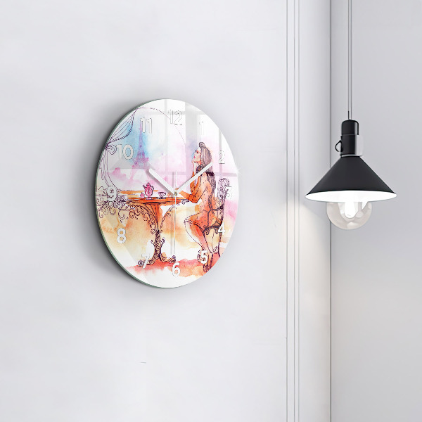 Round glass wall clock Woman drinking tea