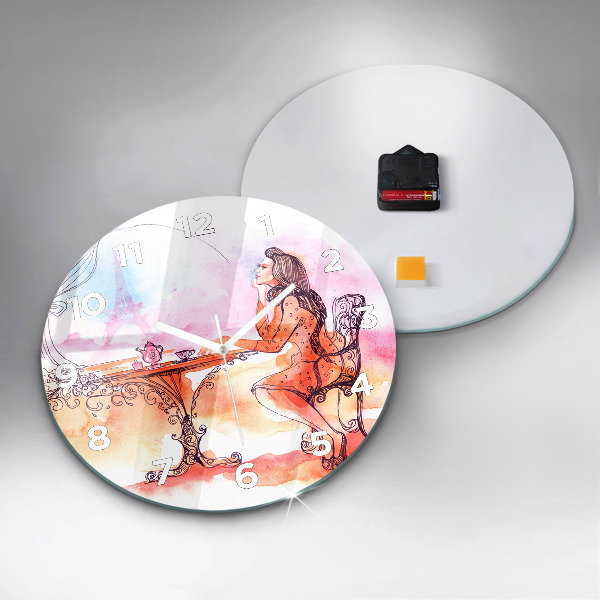 Round glass wall clock Woman drinking tea