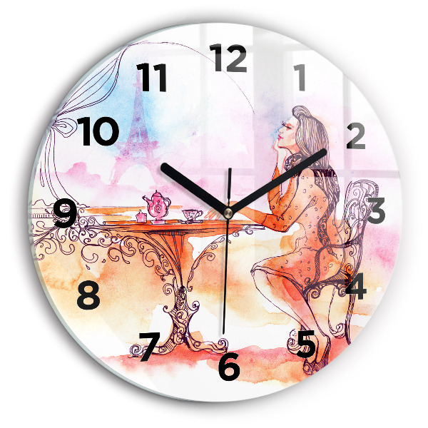 Round glass wall clock Woman drinking tea