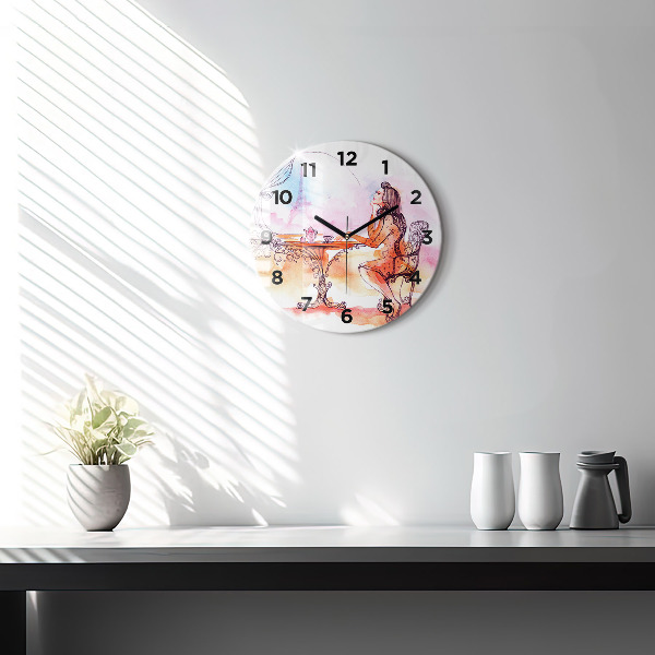 Round glass wall clock Woman drinking tea