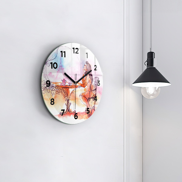 Round glass wall clock Woman drinking tea