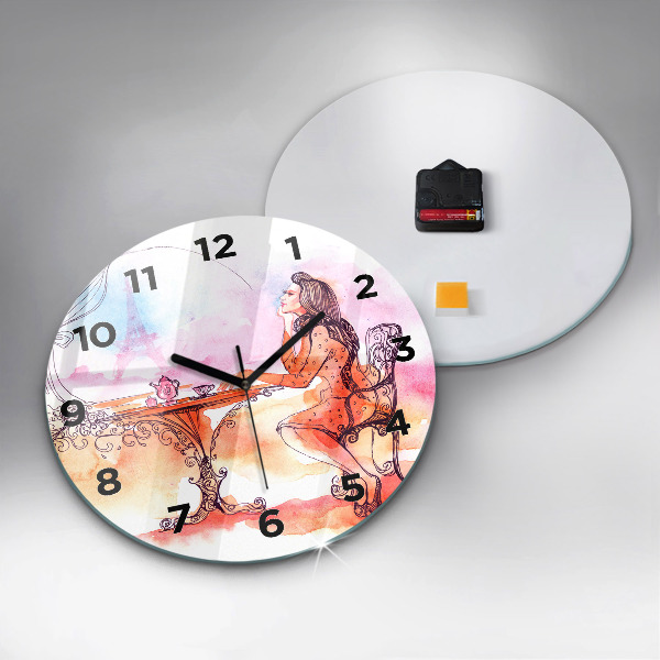 Round glass wall clock Woman drinking tea
