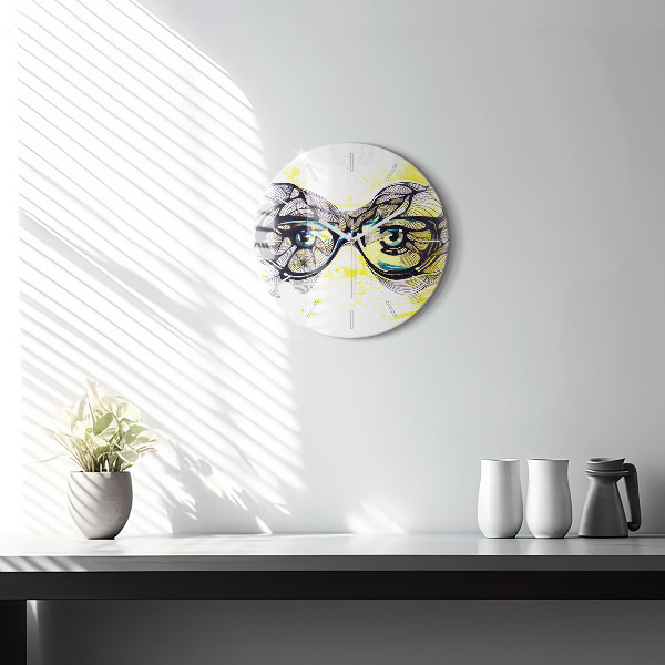 Round glass wall clock Eyes with glasses