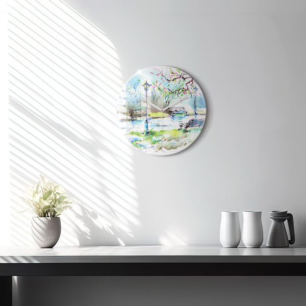 Round glass wall clock Picturesque spring