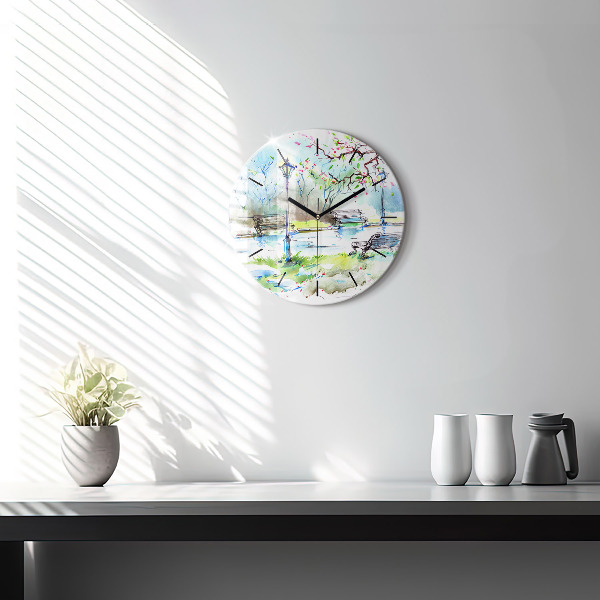Round glass wall clock Picturesque spring