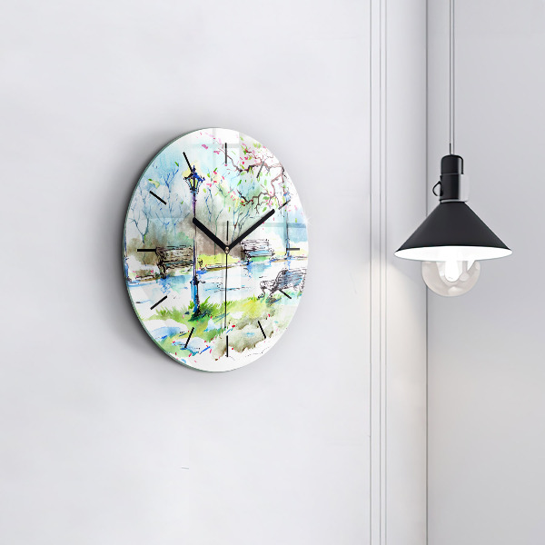 Round glass wall clock Picturesque spring