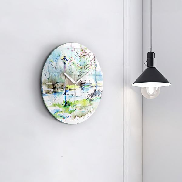 Round glass wall clock Picturesque spring