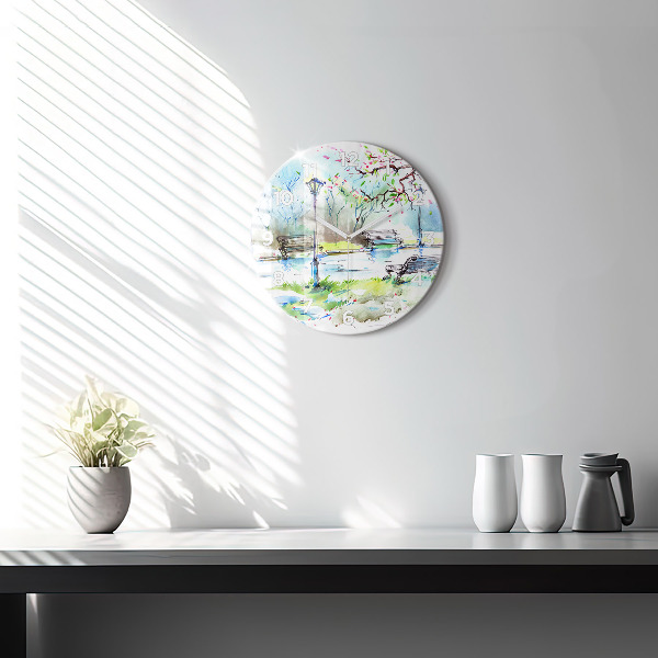 Round glass wall clock Picturesque spring