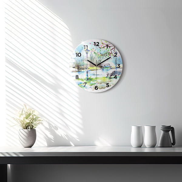 Round glass wall clock Picturesque spring