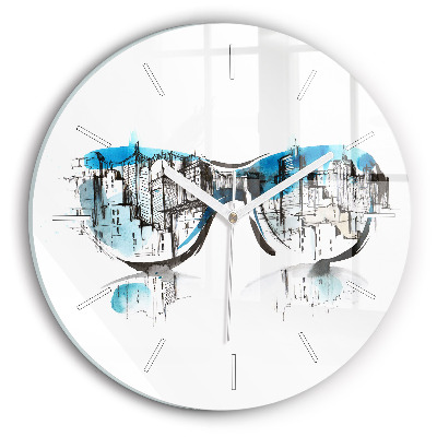 Round glass wall clock City in glasses