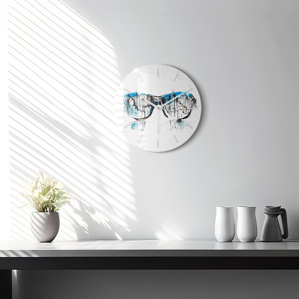 Round glass wall clock City in glasses