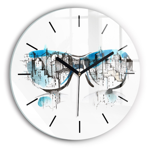 Round glass wall clock City in glasses