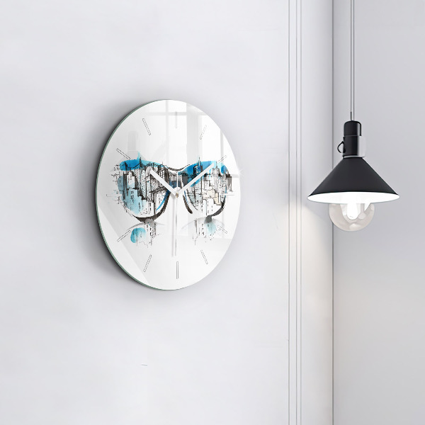 Round glass wall clock City in glasses