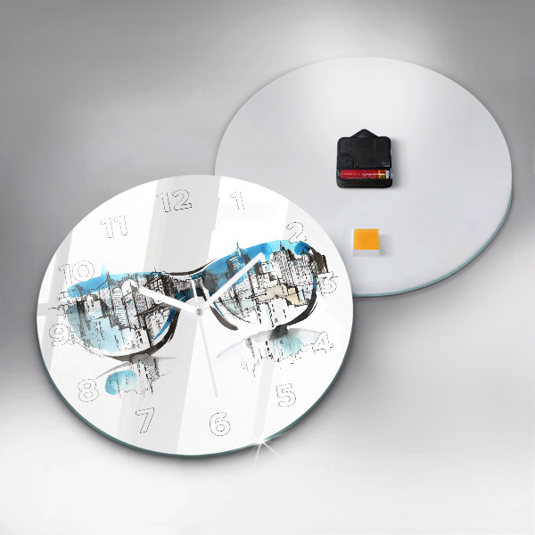 Round glass wall clock City in glasses