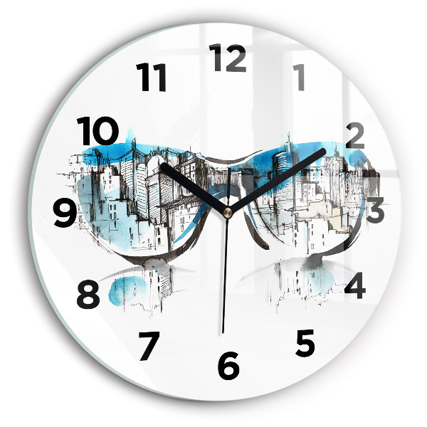 Round glass wall clock City in glasses