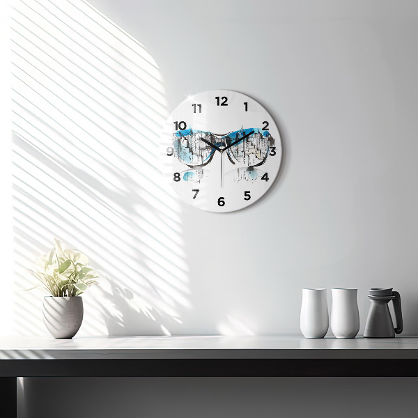 Round glass wall clock City in glasses