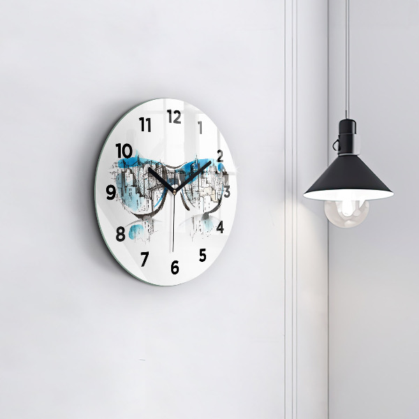 Round glass wall clock City in glasses
