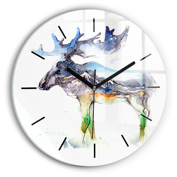Round glass wall clock Moose and Mountain Landscape