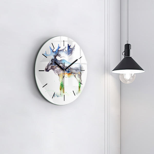 Round glass wall clock Moose and Mountain Landscape