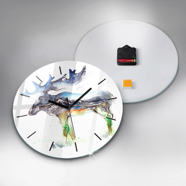 Round glass wall clock Moose and Mountain Landscape
