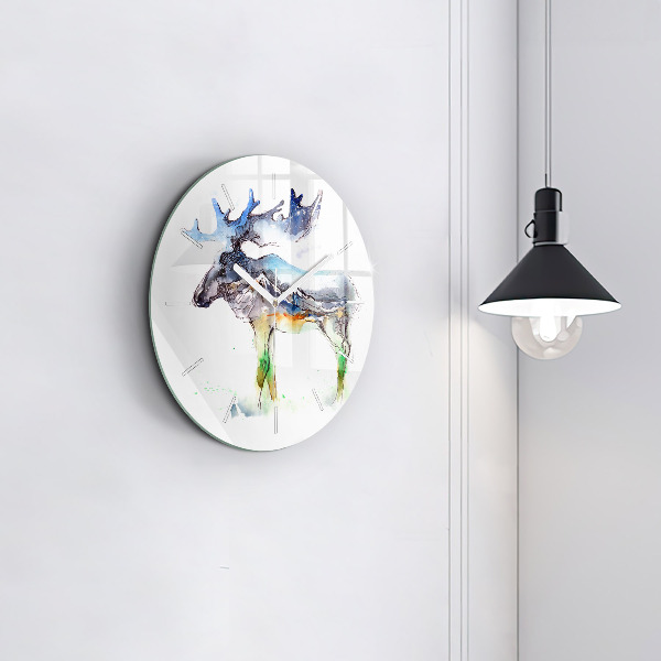 Round glass wall clock Moose and Mountain Landscape