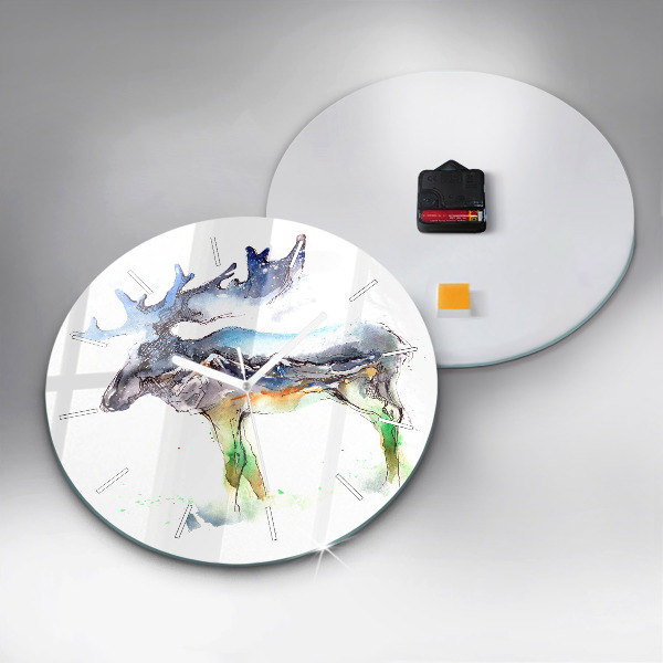 Round glass wall clock Moose and Mountain Landscape