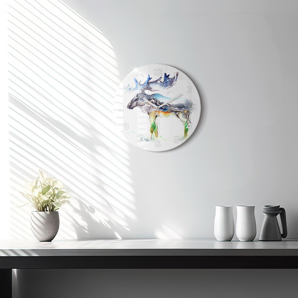 Round glass wall clock Moose and Mountain Landscape
