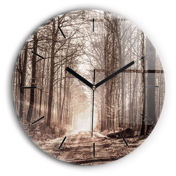 Round glass wall clock Forest path in sepia