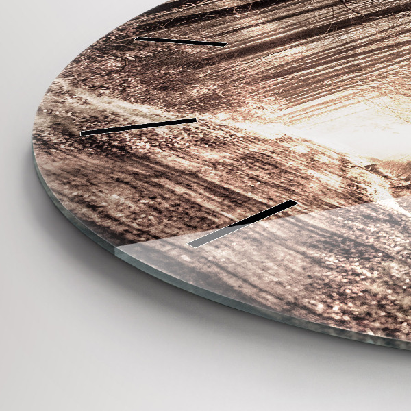 Round glass wall clock Forest path in sepia
