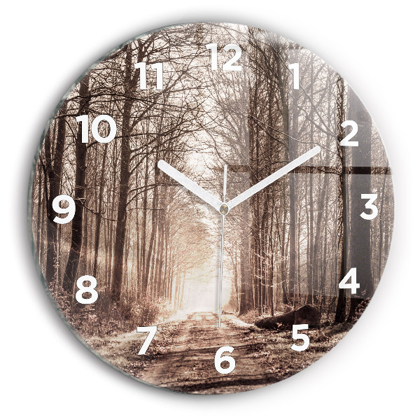 Round glass wall clock Forest path in sepia