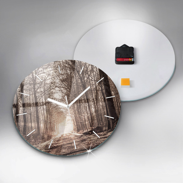 Round glass wall clock Forest path in sepia