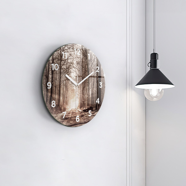 Round glass wall clock Forest path in sepia