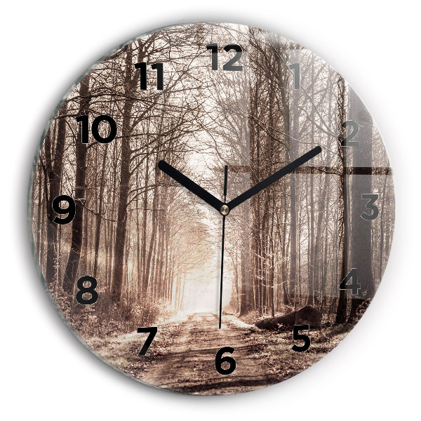 Round glass wall clock Forest path in sepia