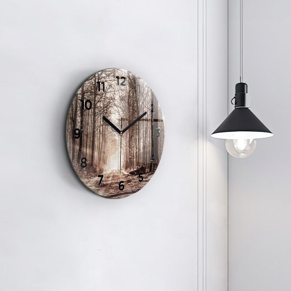 Round glass wall clock Forest path in sepia