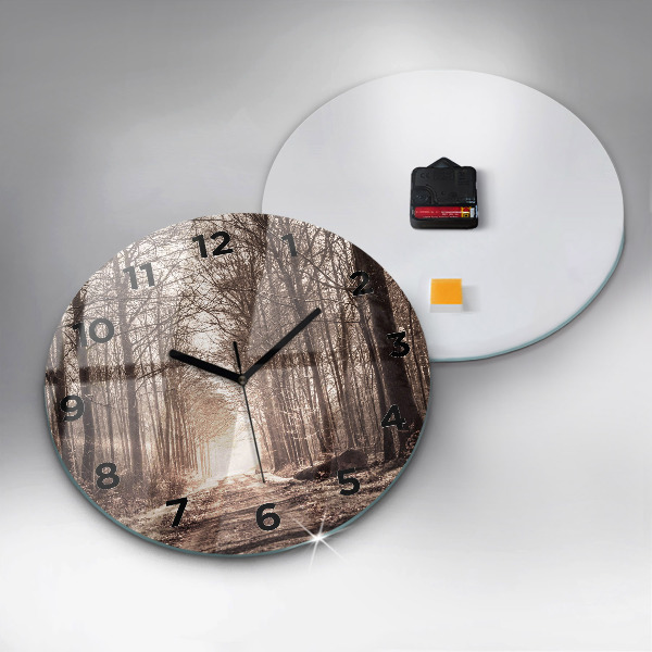 Round glass wall clock Forest path in sepia