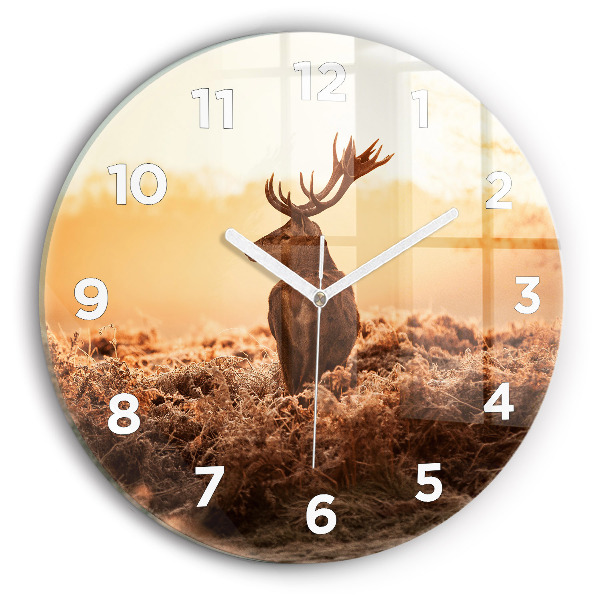 Round glass wall clock Deer at sunrise