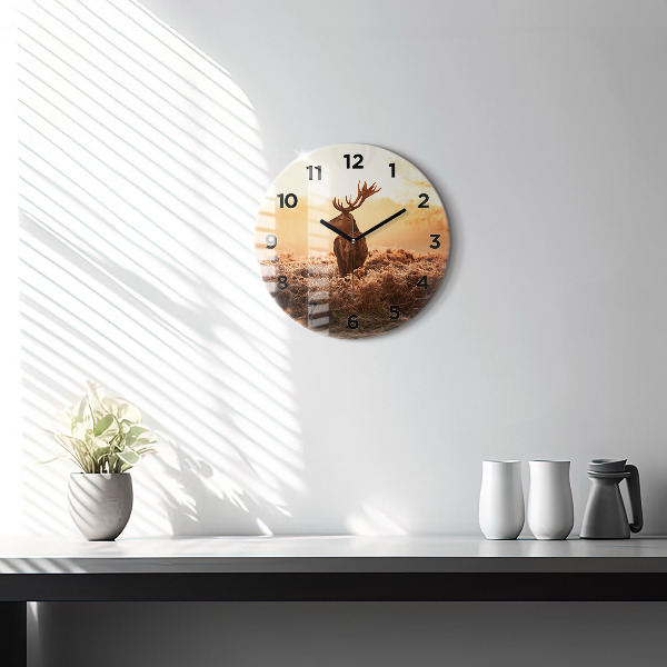 Round glass wall clock Deer at sunrise