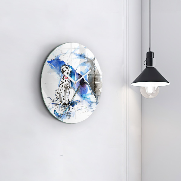 Round glass wall clock Dalmatian and Umbrella