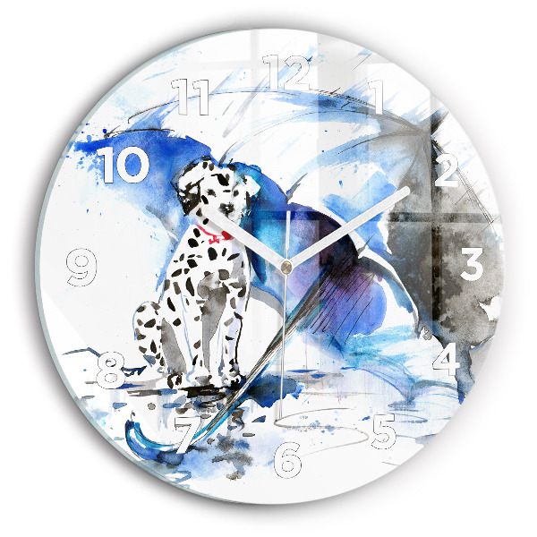 Round glass wall clock Dalmatian and Umbrella