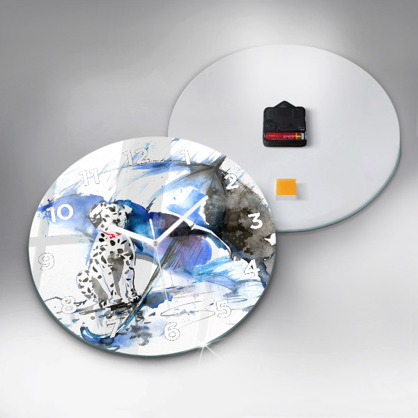 Round glass wall clock Dalmatian and Umbrella