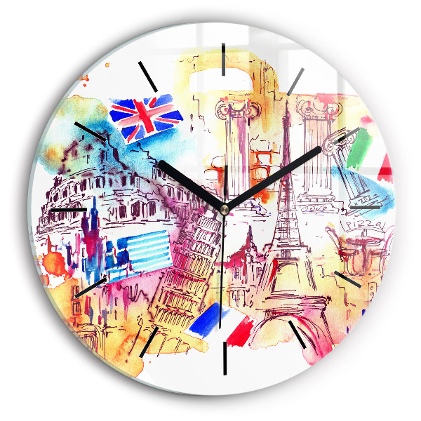 Round glass wall clock Attractive countries in the world