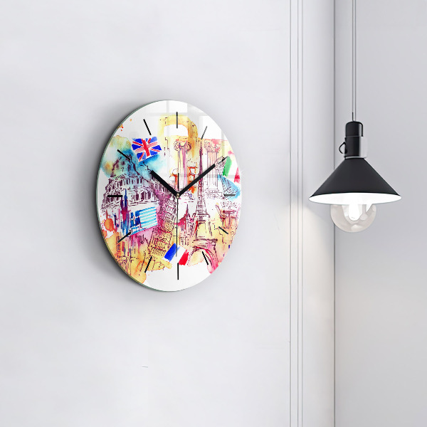 Round glass wall clock Attractive countries in the world