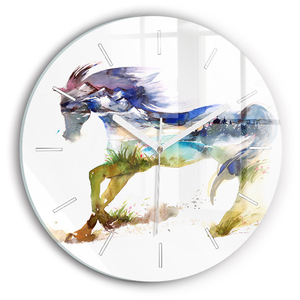 Round glass wall clock Painted Mountains and Horse