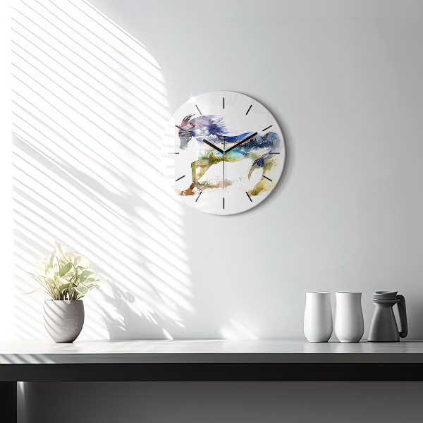 Round glass wall clock Painted Mountains and Horse