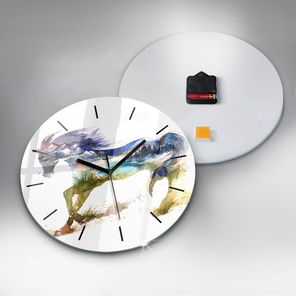 Round glass wall clock Painted Mountains and Horse