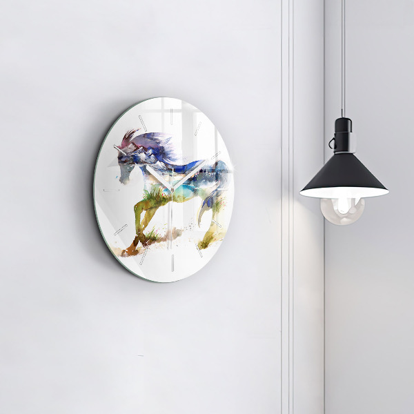 Round glass wall clock Painted Mountains and Horse