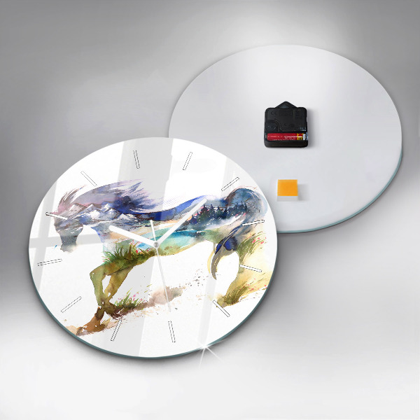 Round glass wall clock Painted Mountains and Horse