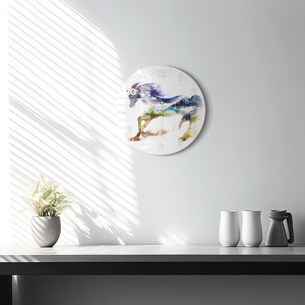 Round glass wall clock Painted Mountains and Horse