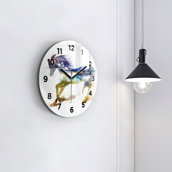 Round glass wall clock Painted Mountains and Horse