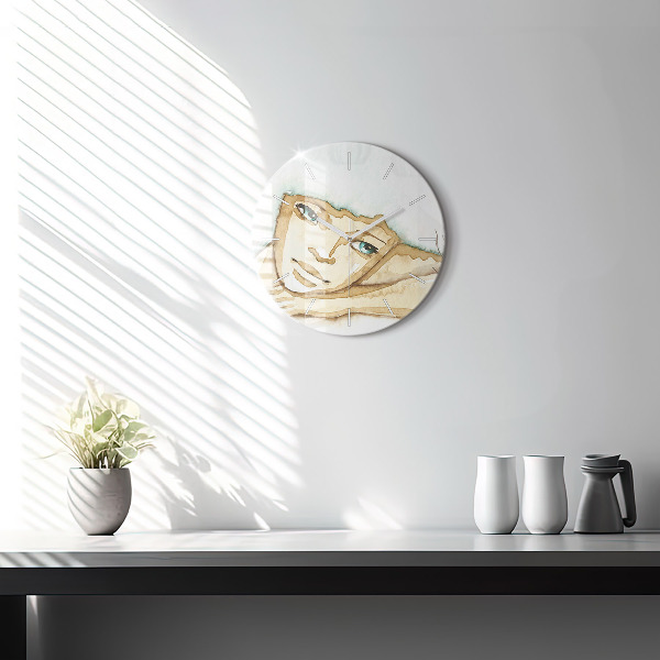 Round glass wall clock Portrait of a woman